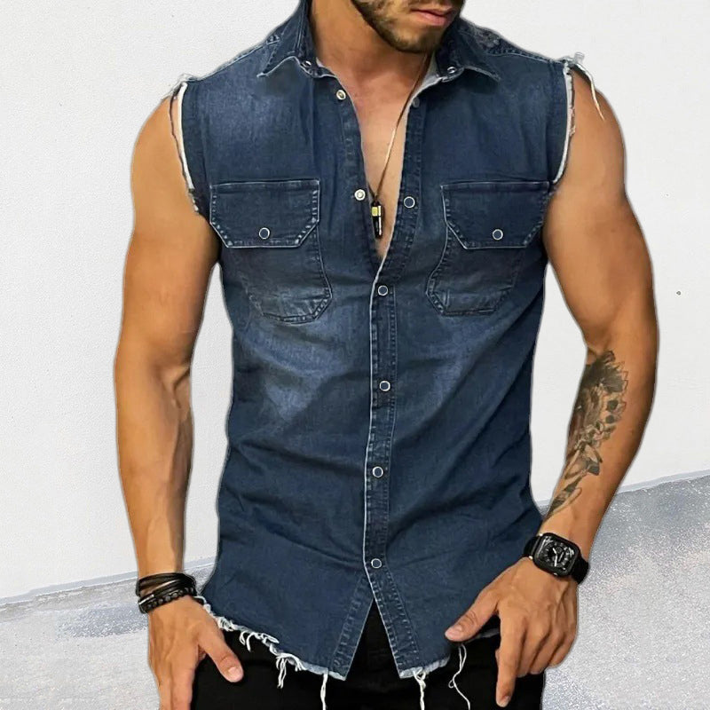 Ärmelloses Hemd | Hemd mit Knöpfen | Slim Fit | Jeanshemd | Herrenbekleidung-Dunkelblau-S-Chaps Herrenmode