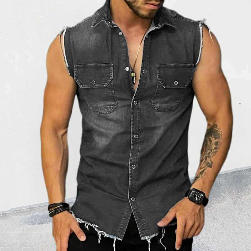 Ärmelloses Hemd | Hemd mit Knöpfen | Slim Fit | Jeanshemd | Herrenbekleidung-Schwarz-S-Chaps Herrenmode