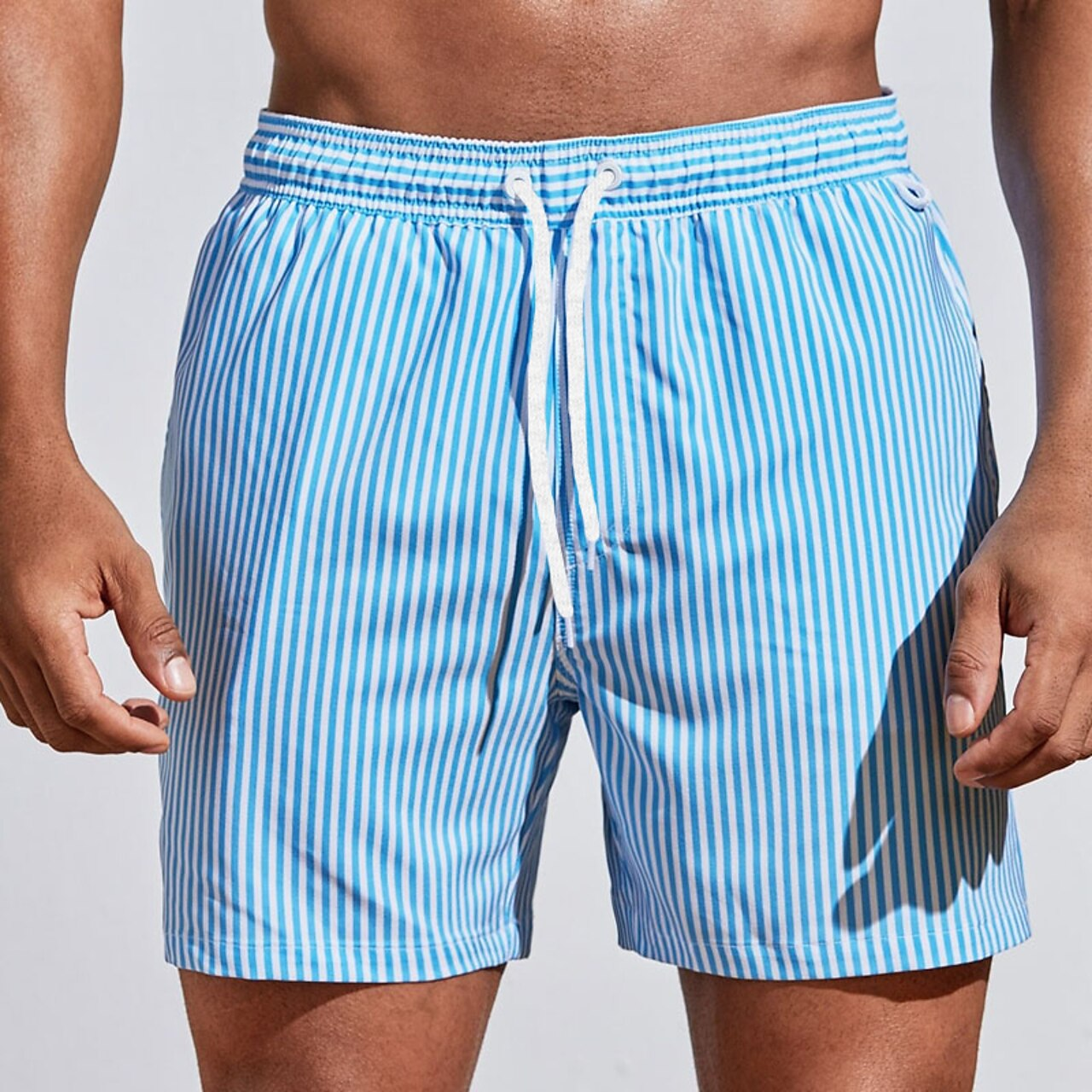 Badeshorts | Gestreift | Elastische Taille | Badehose | Herren Strandshorts-Hellblau-S-Chaps Herrenmode