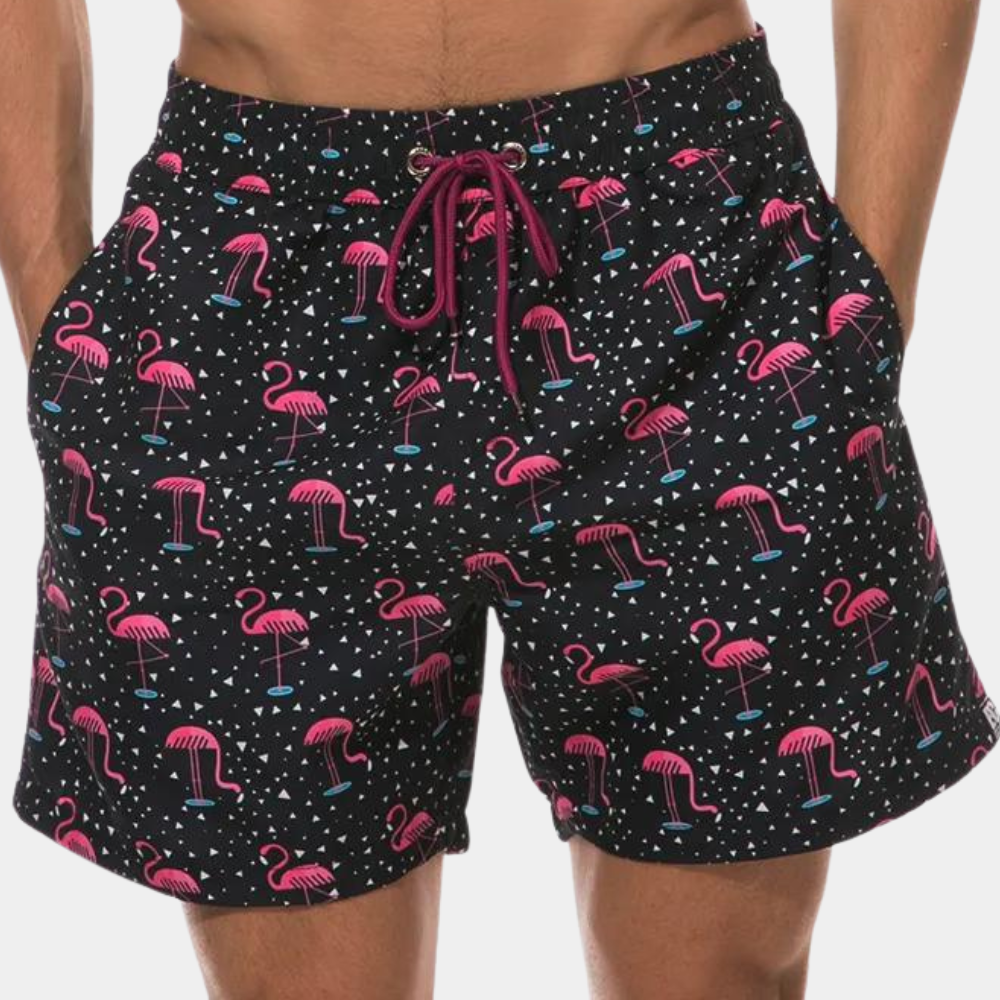 Badeshorts – Kordelzug – Bedruckt – Boardshorts – Herrenbekleidung-Schwarzer Flamingo-S-Chaps Herrenmode