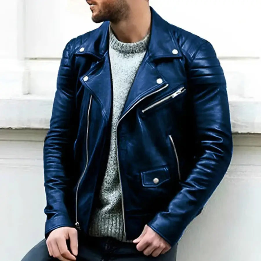 Bikerjacke | Herren-Motorradjacke aus Leder mit Reißverschluss und normaler Passform-Blau-S-Chaps Herrenmode