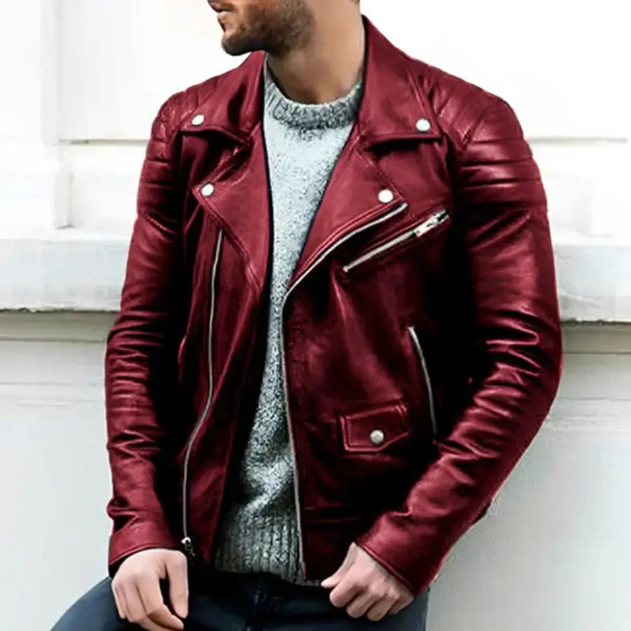 Bikerjacke | Herren-Motorradjacke aus Leder mit Reißverschluss und normaler Passform-Rot-S-Chaps Herrenmode