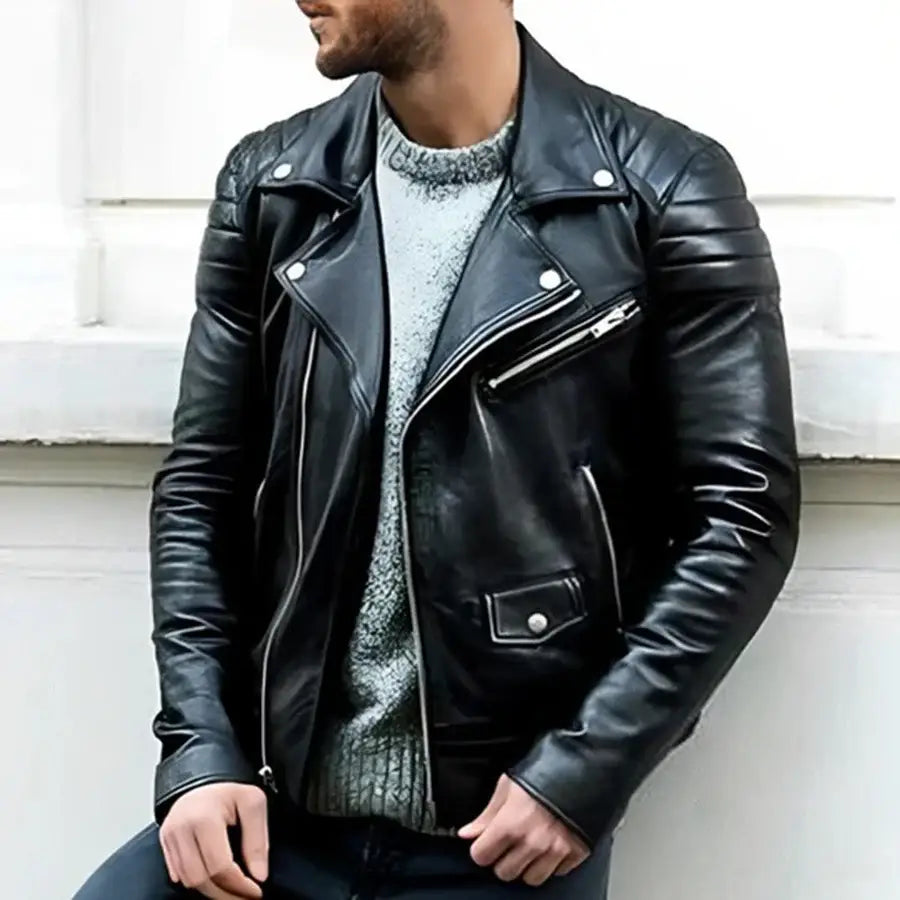 Bikerjacke | Herren-Motorradjacke aus Leder mit Reißverschluss und normaler Passform-Schwarz-S-Chaps Herrenmode