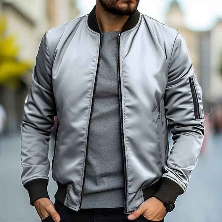 Bomberjacke – Herren-Streetwear-Jacken mit Reißverschluss für den Herbst-Hellgrau-S-Chaps Herrenmode