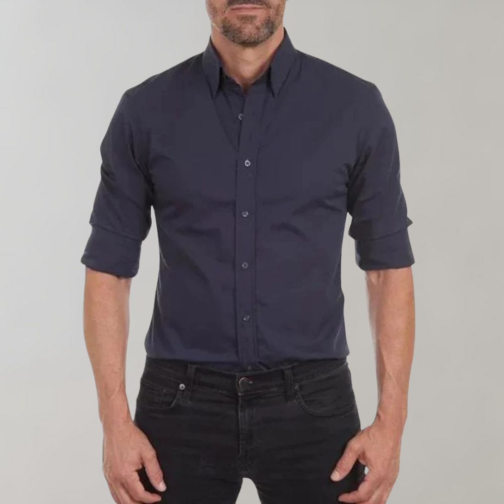 Bügelfreies Hemd – Knitterfrei – Mit Kragen – Dresshemd – Herrenhemd mit Knöpfen-Marineblau-XS-Chaps Herrenmode