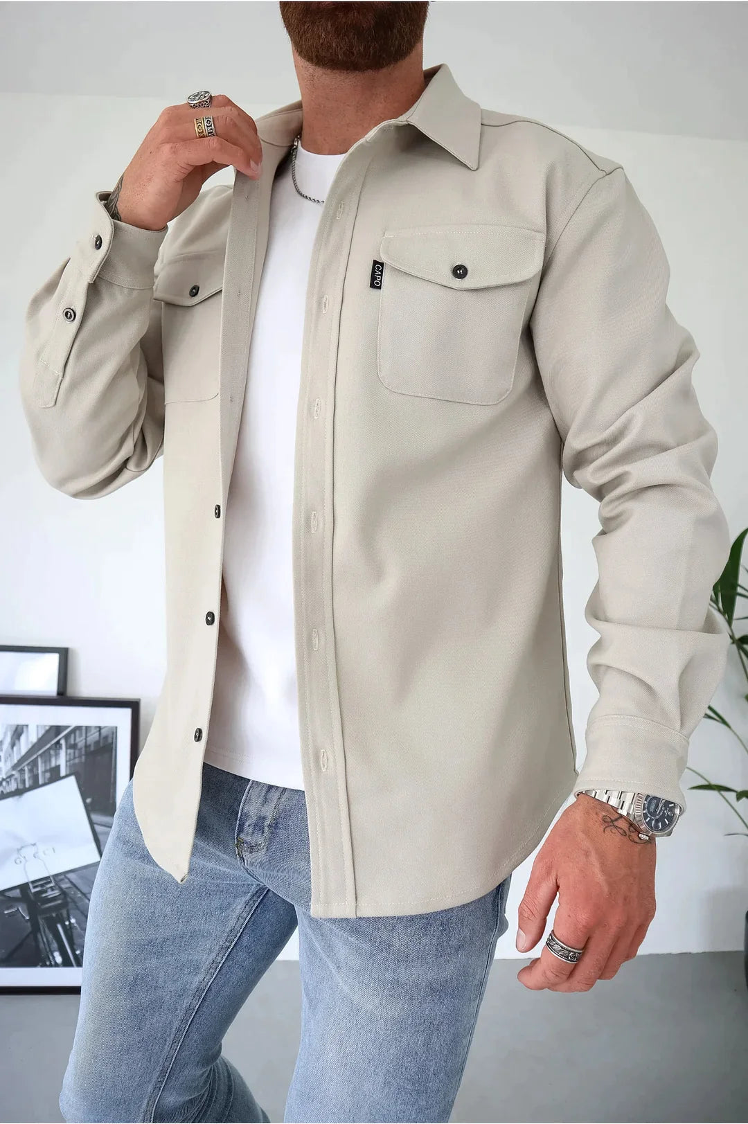 Button-Up Hemd - Brusttaschen - Langarm - Überhemd - Herrenhemd-Beige-XS-Chaps Herrenmode
