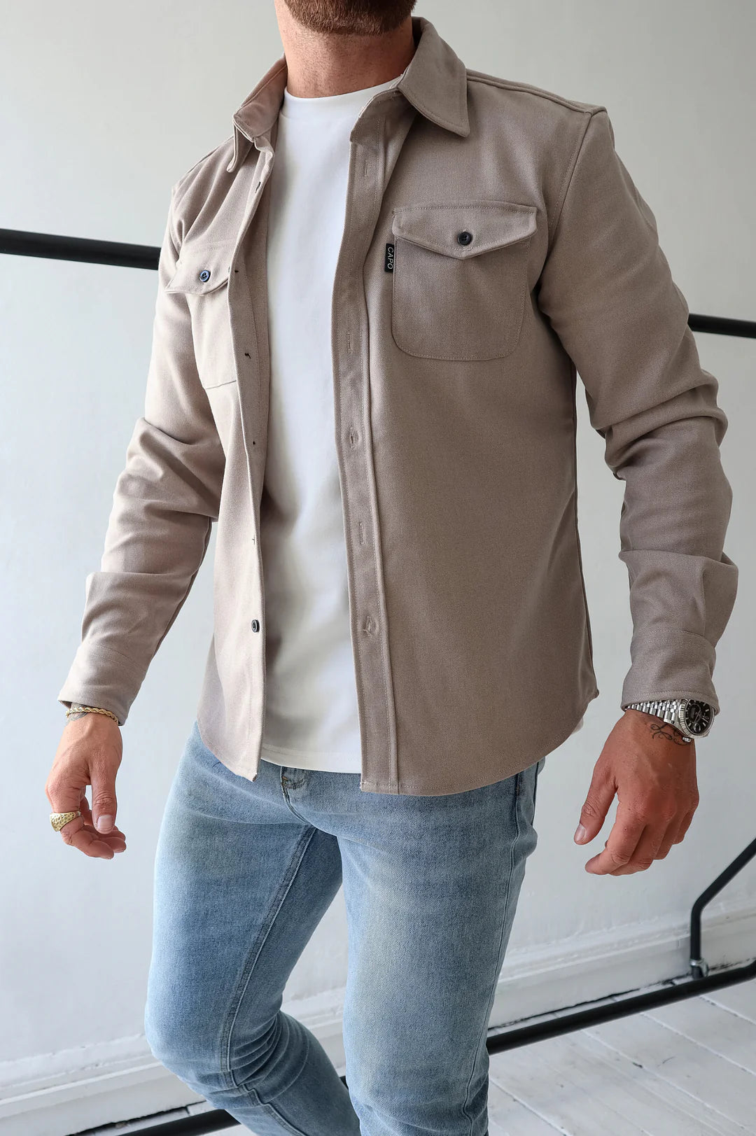 Button-Up Hemd - Brusttaschen - Langarm - Überhemd - Herrenhemd-Khaki-XS-Chaps Herrenmode