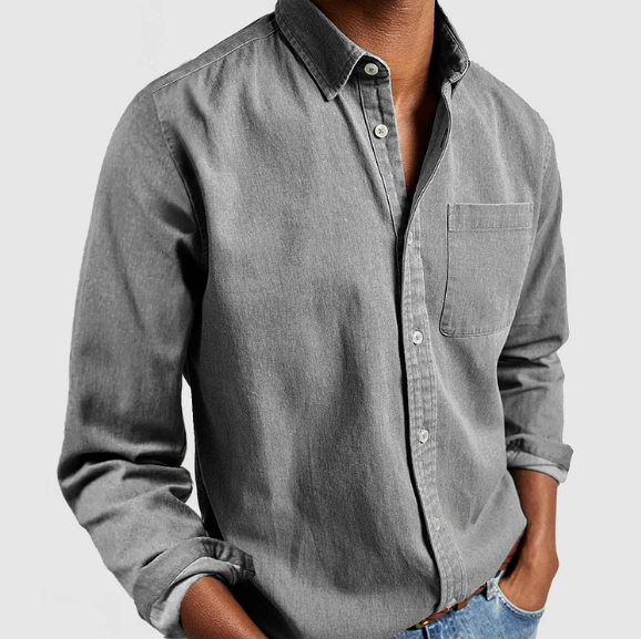 Button-Up Hemd - Casual - Langarm - Denim Hemd - Herrenhemden-Grau-S-Chaps Herrenmode
