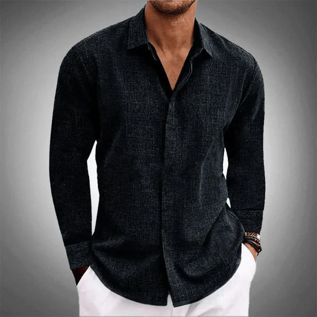 Button-Up-Hemd – Langärmliges Herrenhemd aus Baumwolle und Leinen mit Kragen-Schwarz-XS-Chaps Herrenmode
