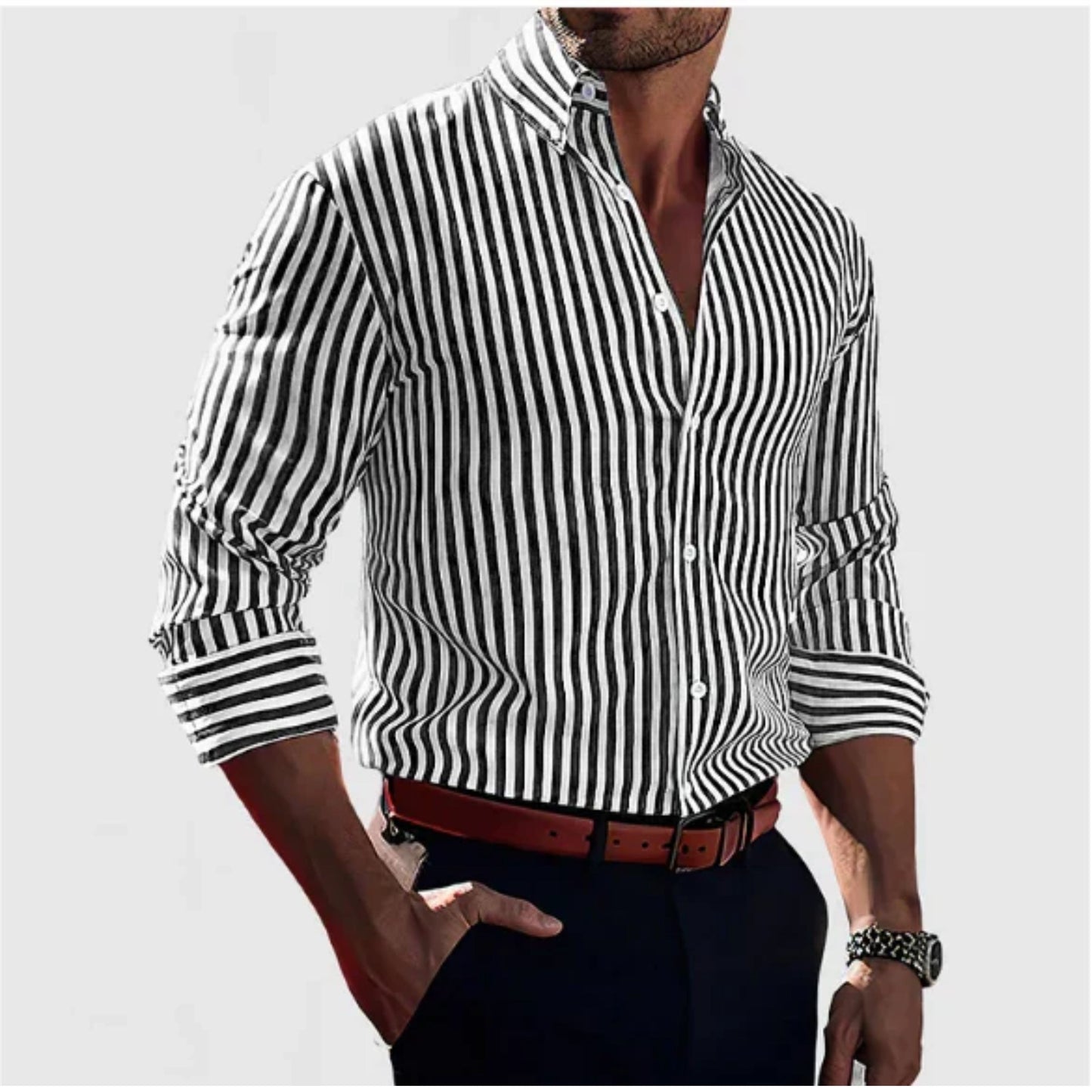 Button-Up-Hemd – Langärmliges Herrenhemd mit Kragen und Streifenmuster-Schwarz-S-Chaps Herrenmode