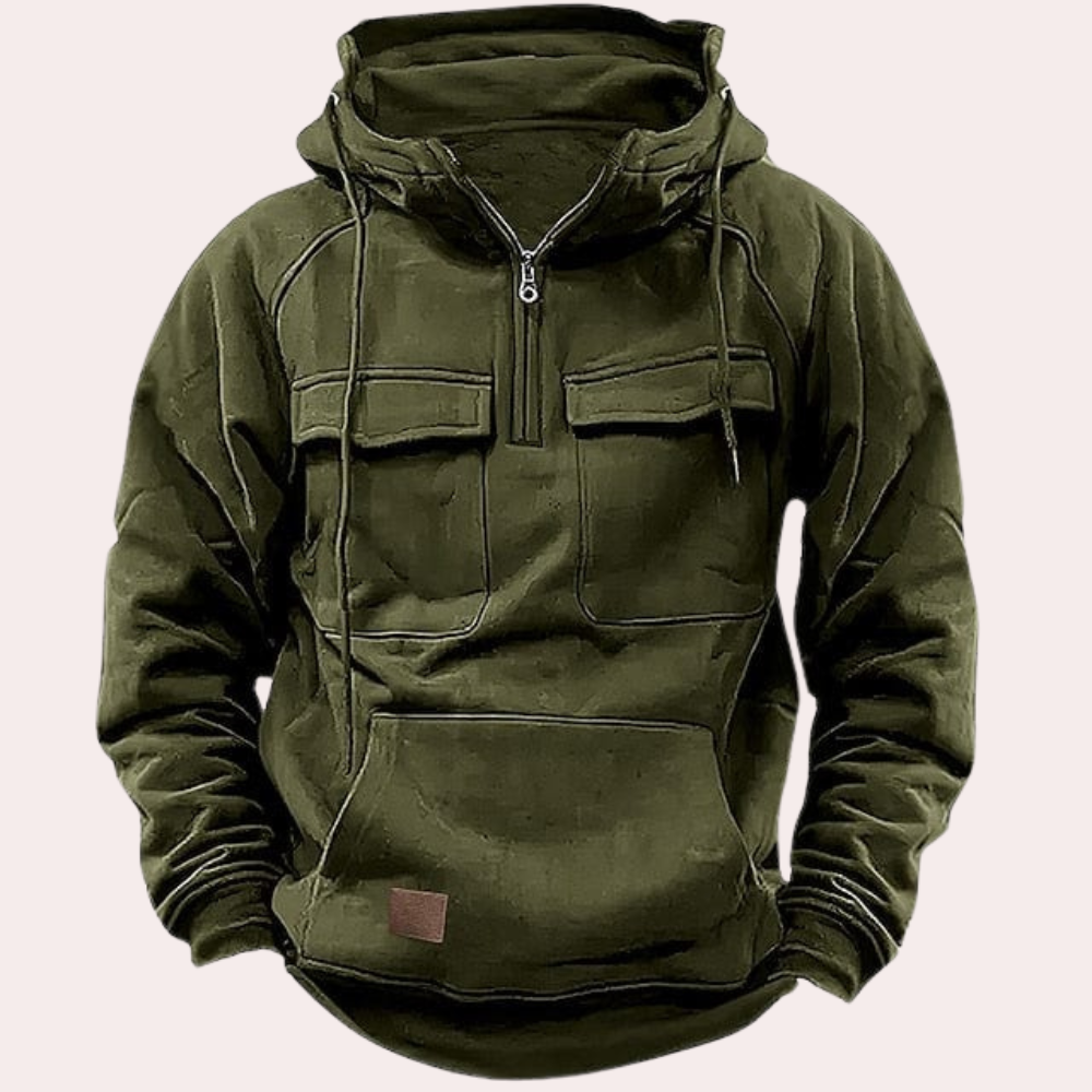 Cargo Hoodie - Halber Reißverschluss - Taschen - Pullover Hoodie - Herren Hoodie-Dunkelgrün-S-Chaps Herrenmode