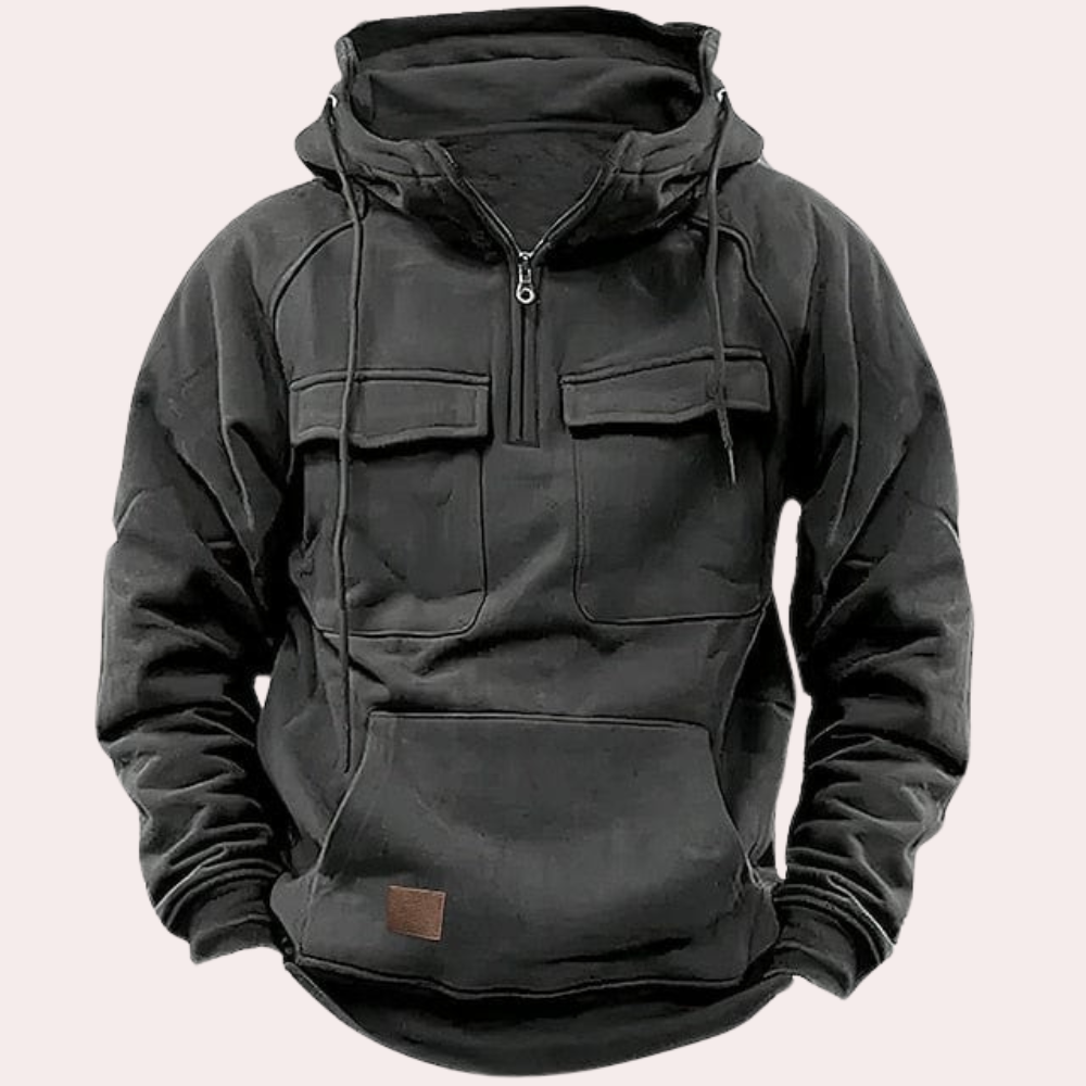 Cargo Hoodie - Halber Reißverschluss - Taschen - Pullover Hoodie - Herren Hoodie-Grau-S-Chaps Herrenmode