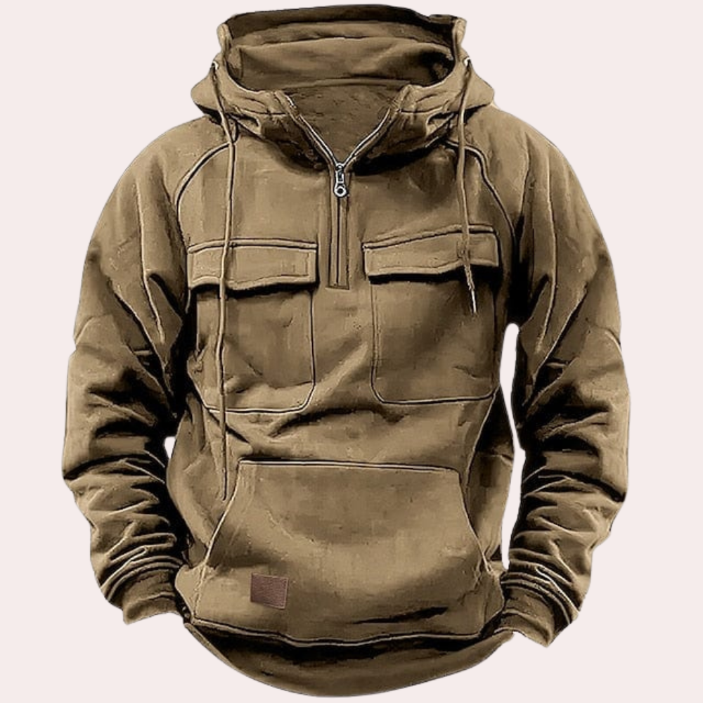 Cargo Hoodie - Halber Reißverschluss - Taschen - Pullover Hoodie - Herren Hoodie-Khaki-S-Chaps Herrenmode