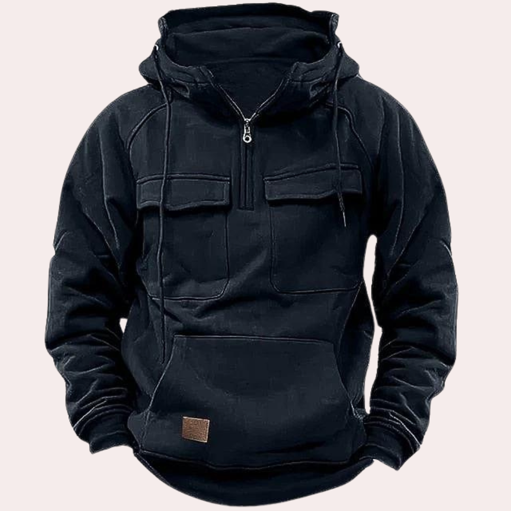 Cargo Hoodie - Halber Reißverschluss - Taschen - Pullover Hoodie - Herren Hoodie-Schwarz-S-Chaps Herrenmode