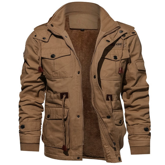 Cargo Jacket - Lässige Herrenjacke mit Kapuze und Fleece-Futter-Khaki-M-Chaps Herrenmode