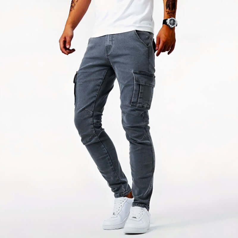 Cargo-Jeans – Schmaler Schnitt – Skinny – Cargohosen – Herrenjeans-Grau-29-Chaps Herrenmode