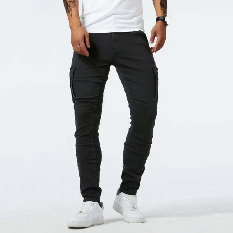 Cargo-Jeans – Schmaler Schnitt – Skinny – Cargohosen – Herrenjeans-Schwarz-29-Chaps Herrenmode