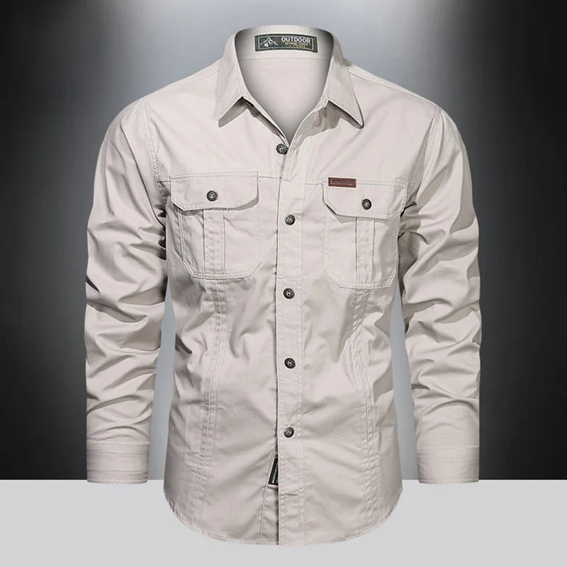 Cargo-Shirt – Langärmliges Herrenhemd mit Knöpfen und Taschen-Beige-M-Chaps Herrenmode