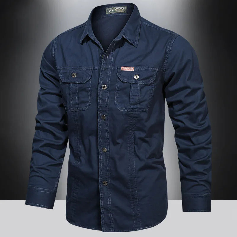 Cargo-Shirt – Langärmliges Herrenhemd mit Knöpfen und Taschen-Dunkelblau-M-Chaps Herrenmode