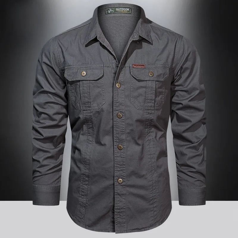 Cargo-Shirt – Langärmliges Herrenhemd mit Knöpfen und Taschen-Dunkelgrau-M-Chaps Herrenmode
