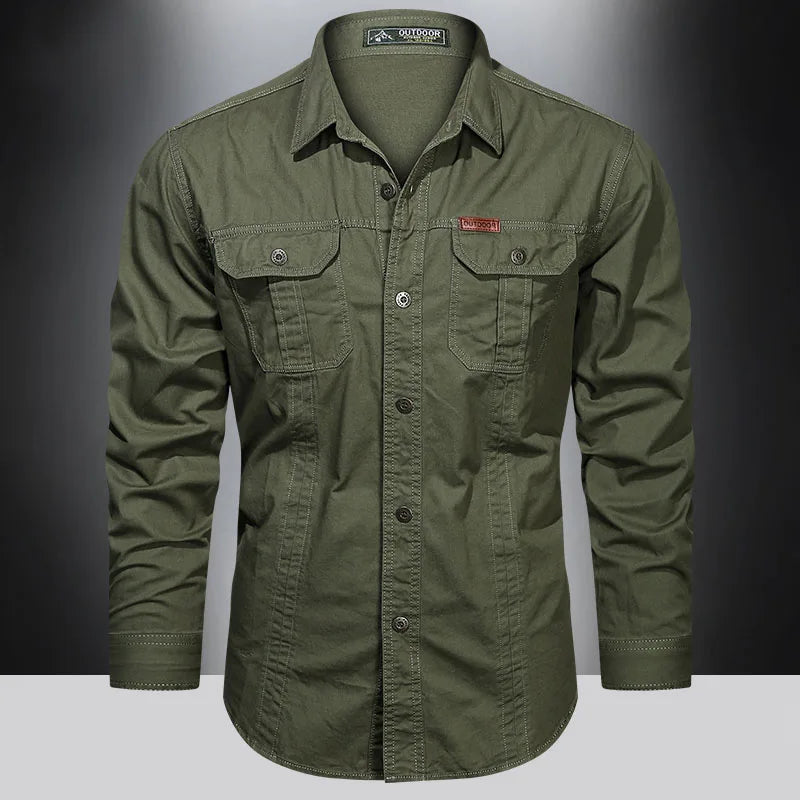Cargo-Shirt – Langärmliges Herrenhemd mit Knöpfen und Taschen-Grün-M-Chaps Herrenmode