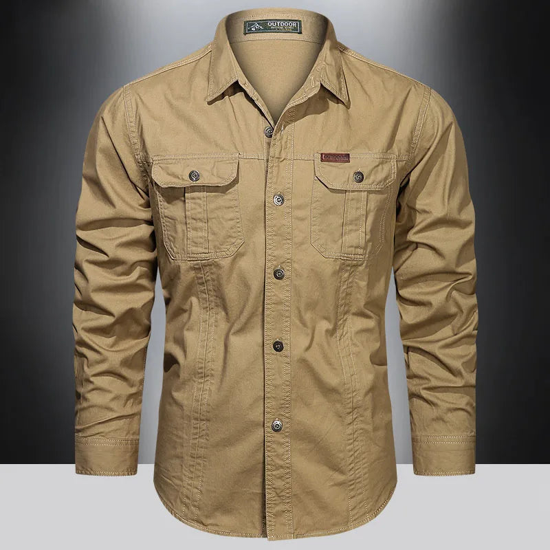 Cargo-Shirt – Langärmliges Herrenhemd mit Knöpfen und Taschen-Khaki-M-Chaps Herrenmode