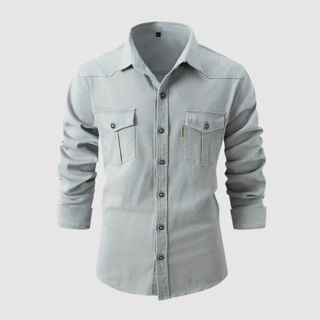Cargo-Shirt – schmale Passform – Langarm – Hemd mit Knöpfen – Herrenhemden-Grau-S-Chaps Herrenmode
