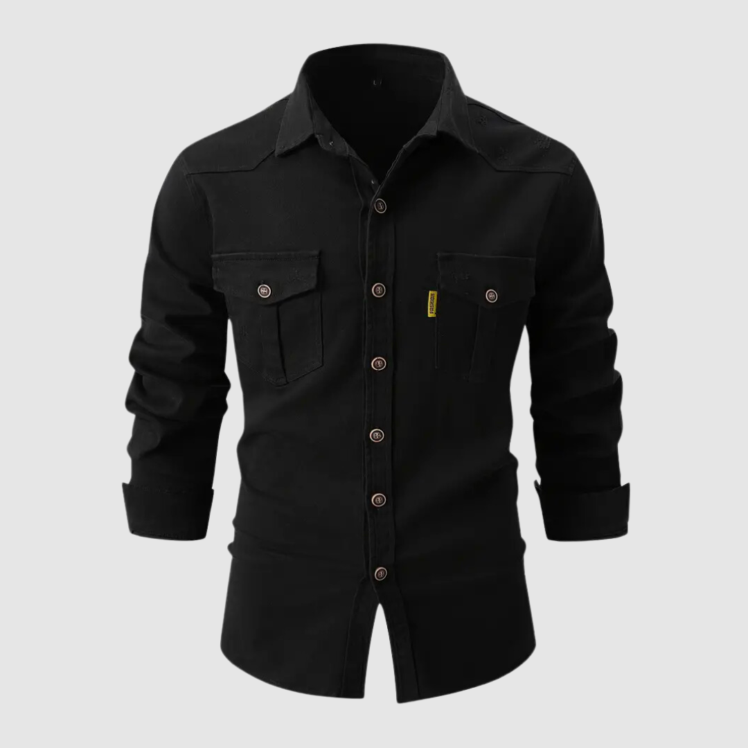 Cargo-Shirt – schmale Passform – Langarm – Hemd mit Knöpfen – Herrenhemden-Schwarz-S-Chaps Herrenmode