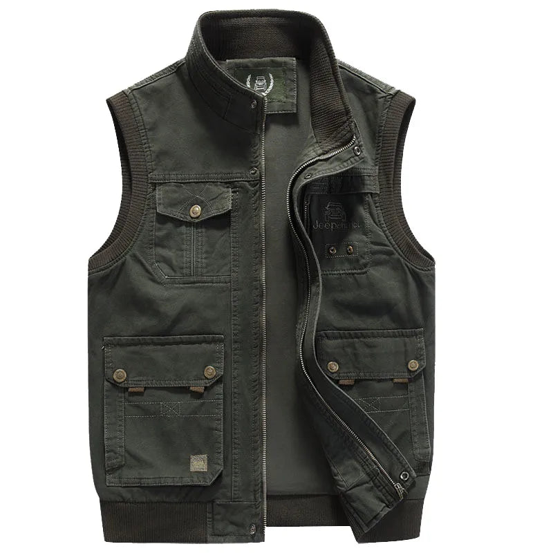 Cargo Vest - Herren Zip-Up Vintage Style Arbeitsweste mit Taschen-Grün-M-Chaps Herrenmode