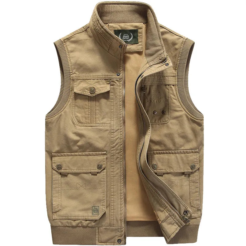 Cargo Vest - Herren Zip-Up Vintage Style Arbeitsweste mit Taschen-Khaki-M-Chaps Herrenmode