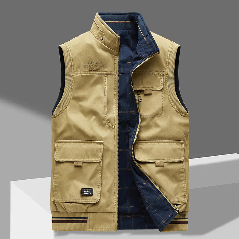 Cargo-Weste | Ärmellos | Taschen | Arbeitsweste | Herrenweste-Blau-Khaki-M-Chaps Herrenmode