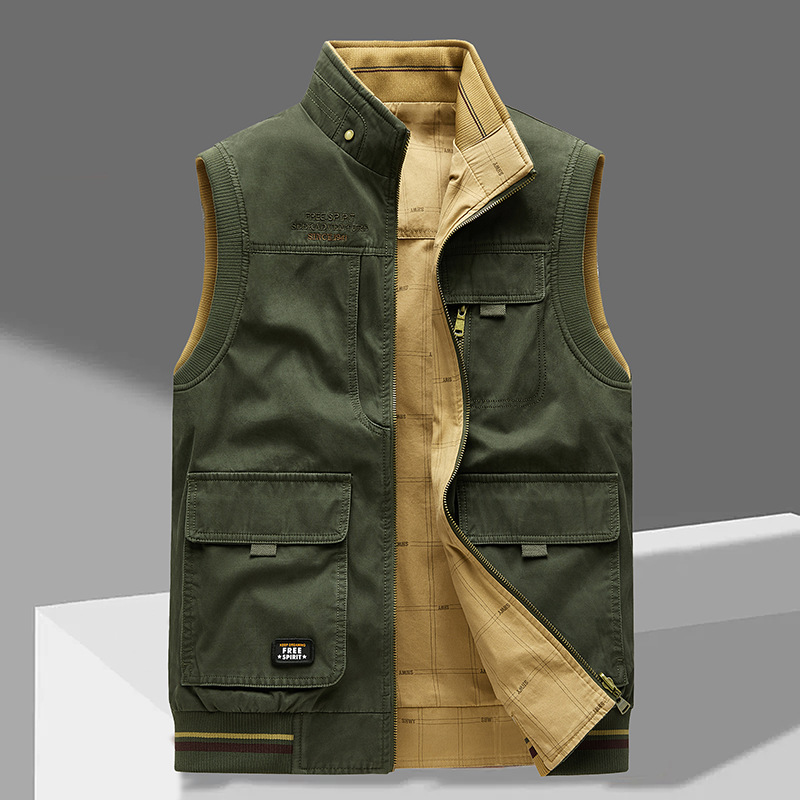 Cargo-Weste | Ärmellos | Taschen | Arbeitsweste | Herrenweste-Khaki-Grün-M-Chaps Herrenmode