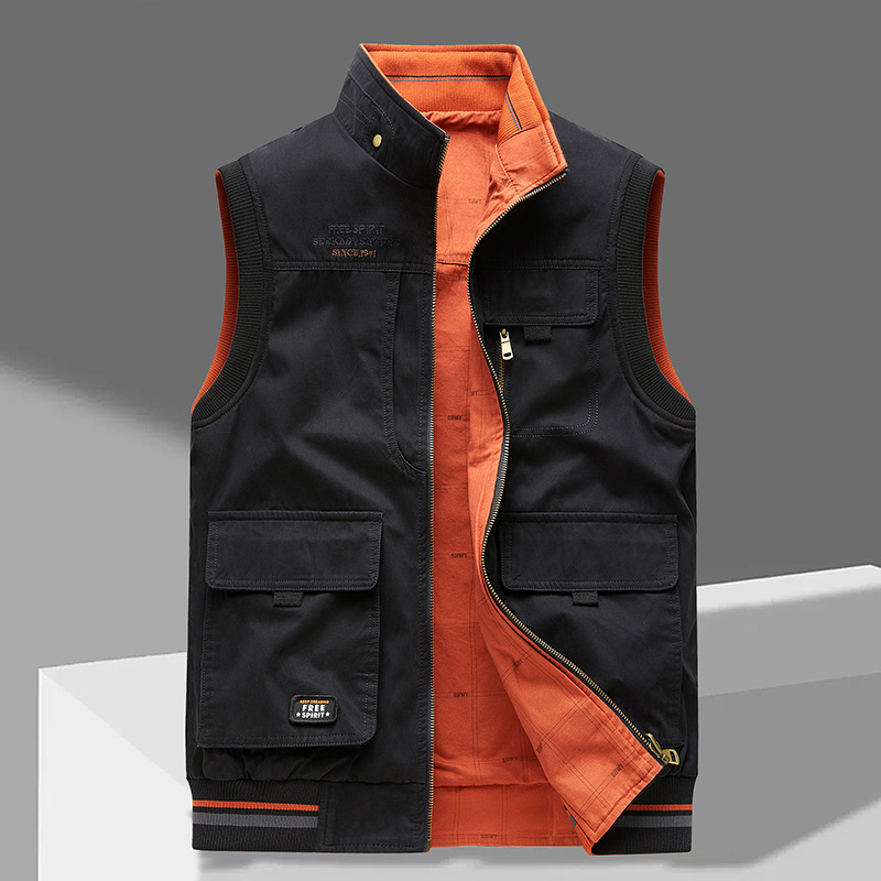 Cargo-Weste | Ärmellos | Taschen | Arbeitsweste | Herrenweste-Schwarz-Orange-M-Chaps Herrenmode