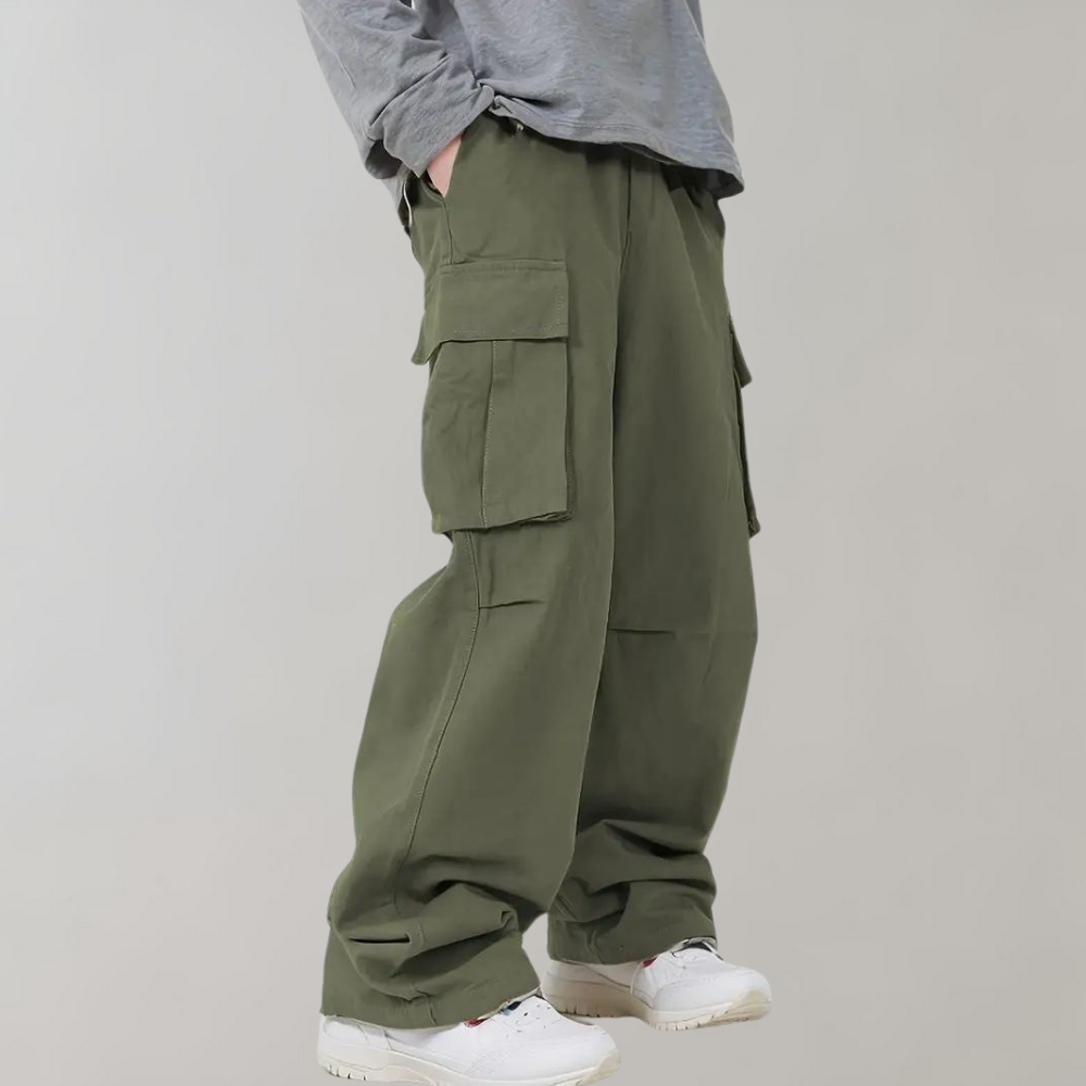 Cargohose – Herren-Baggy-Hose mit geradem Bein und lockerer Passform und Taschen-Armee grün-S-Chaps Herrenmode