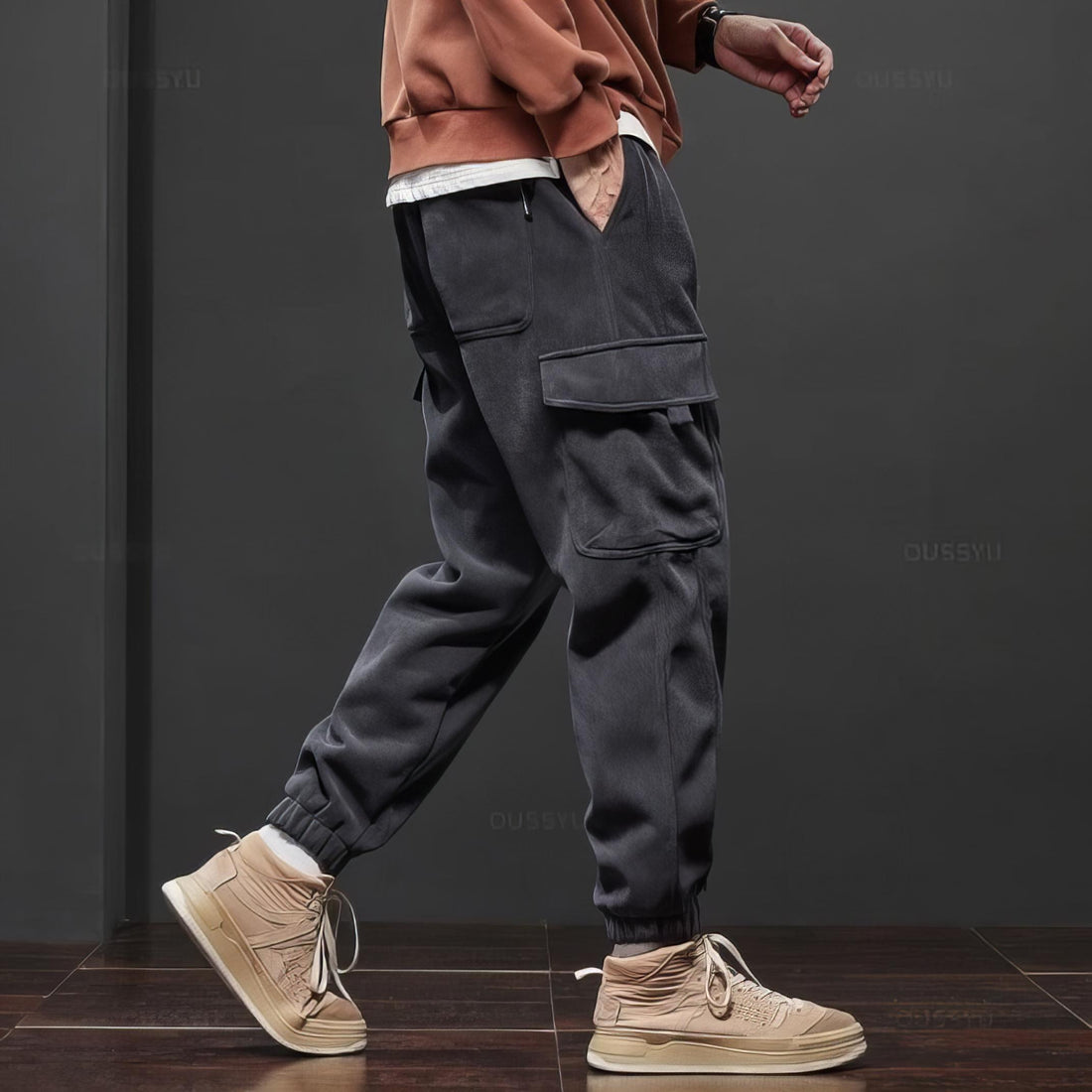 Cargohose - Samt - Loose Fit - Cargo Jogger - Herrenhosen-Grau-S-Chaps Herrenmode