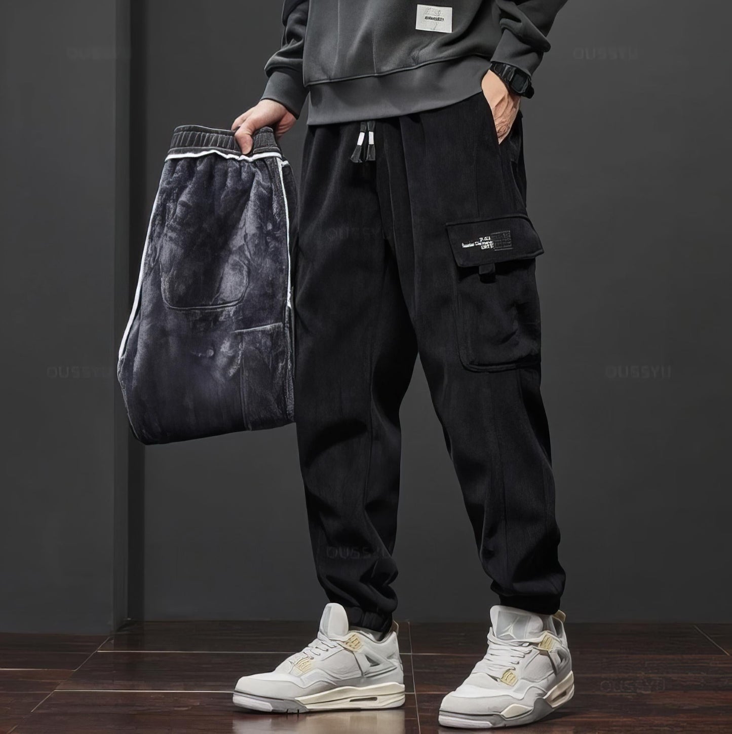 Cargohose - Samt - Loose Fit - Cargo Jogger - Herrenhosen-Schwarz-S-Chaps Herrenmode