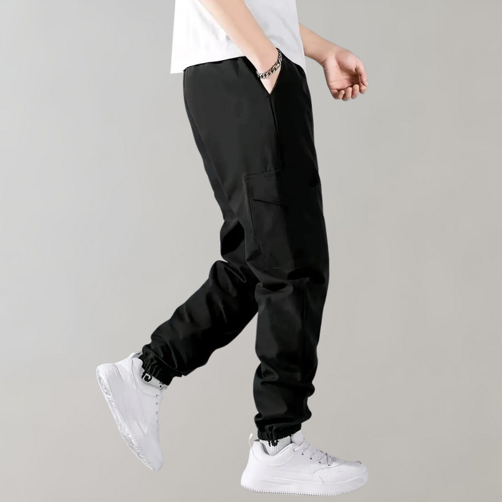 Cargohose – Schwarz – Kordelzug – Cargojogginghose – Herrenhose-Chaps Herrenmode