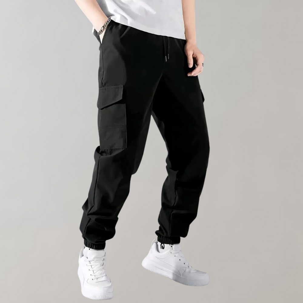 Cargohose – Schwarz – Kordelzug – Cargojogginghose – Herrenhose-S-Chaps Herrenmode