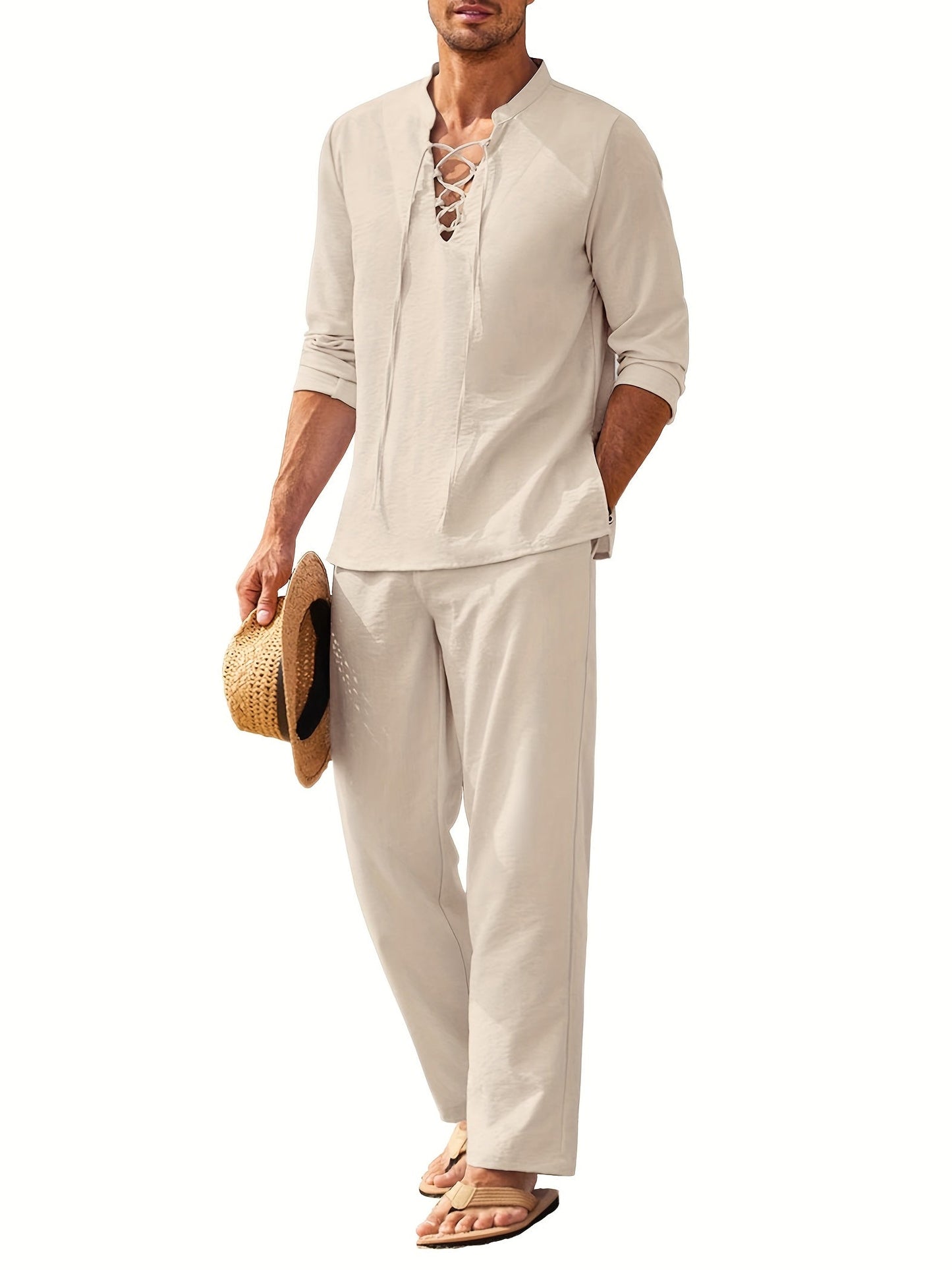 Co-Ord Set - Zweiteiliges Set aus Leinen für Männer mit langen Ärmeln für den Sommer-Beige-S-Chaps Herrenmode