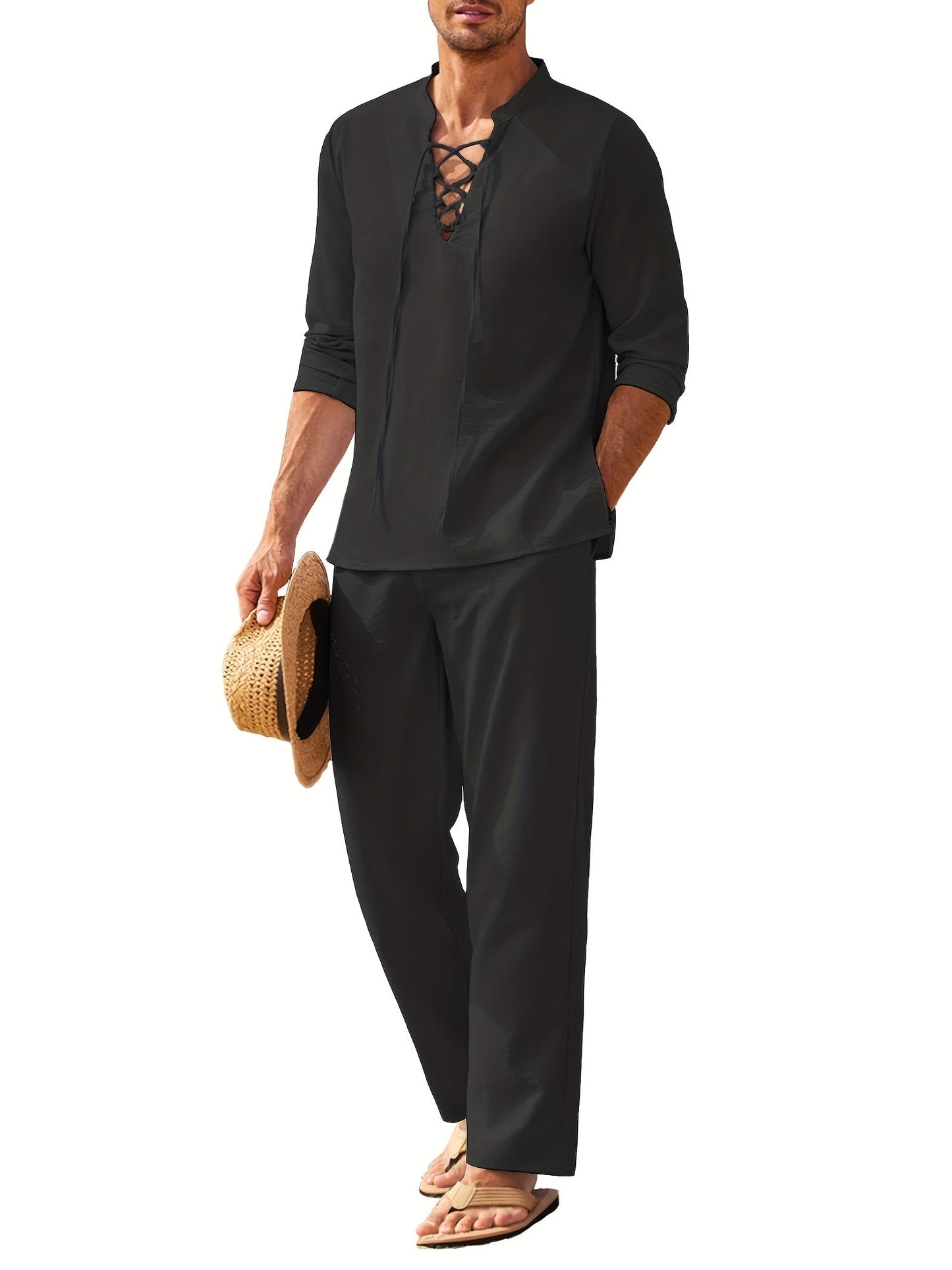 Co-Ord Set - Zweiteiliges Set aus Leinen für Männer mit langen Ärmeln für den Sommer-Schwarz-S-Chaps Herrenmode