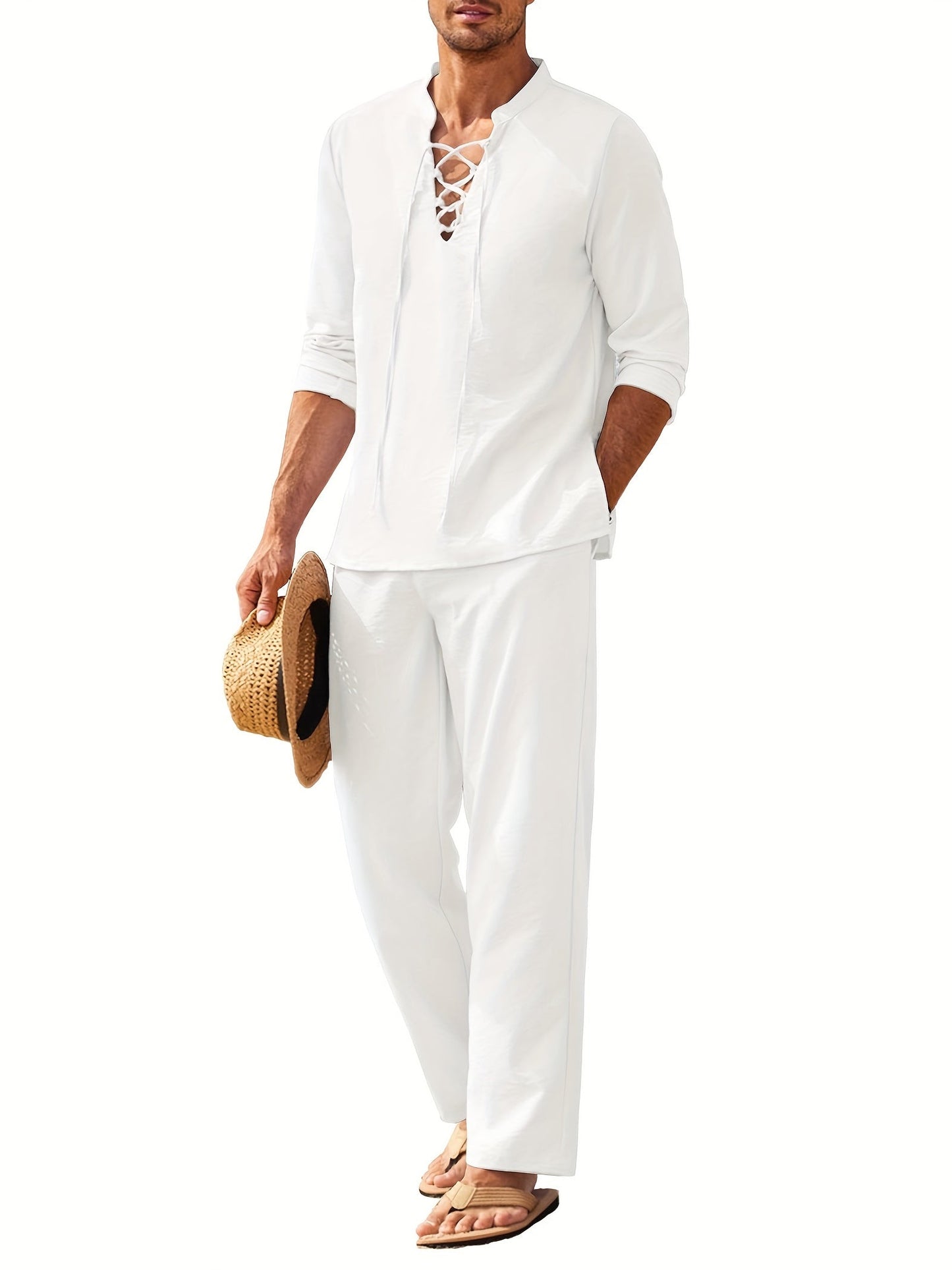 Co-Ord Set - Zweiteiliges Set aus Leinen für Männer mit langen Ärmeln für den Sommer-Weiß-S-Chaps Herrenmode