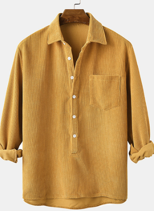 Cordhemd – halbe Knopfleiste – Kragen – Langarmhemd – Herrenbekleidung-Gelb-S-Chaps Herrenmode