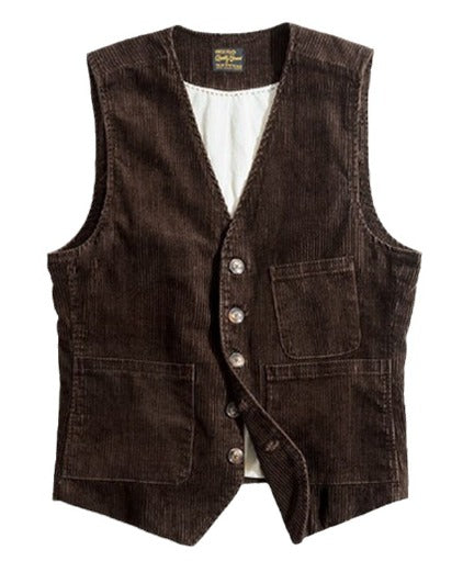 Cordweste | Einreihig | Taschen | Ärmellose Weste | Herrenweste-Braun-XS-Chaps Herrenmode