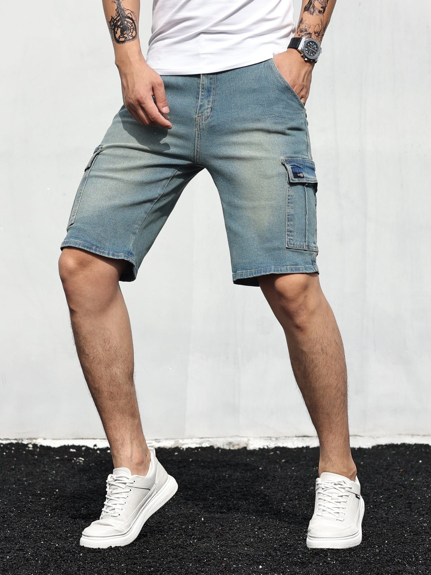 Denim Cargo Shorts | Casual | Stretch | Denim Shorts | Herren Shorts-Hellblau-S-Chaps Herrenmode