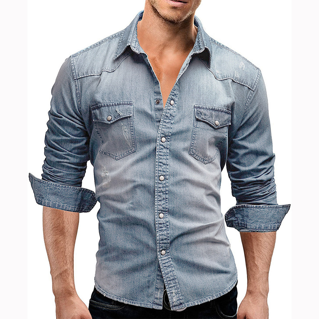 Denim Hemd - Herren Slim Fit Langarm Hemd mit Knopfleiste-Chaps Herrenmode