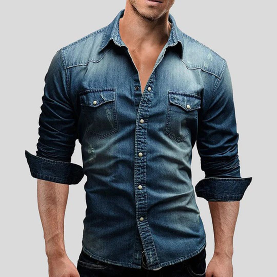 Denim Hemd - Herren Slim Fit Langarm Hemd mit Knopfleiste-Dunkelblau-M-Chaps Herrenmode