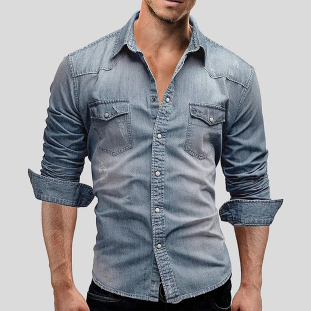 Denim Hemd - Herren Slim Fit Langarm Hemd mit Knopfleiste-Hellblau-M-Chaps Herrenmode