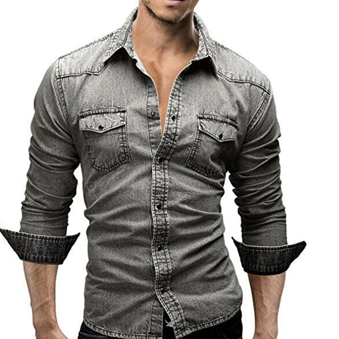 Denim Hemd - Herren Slim Fit Langarm Hemd mit Knopfleiste-Hellgrau-M-Chaps Herrenmode