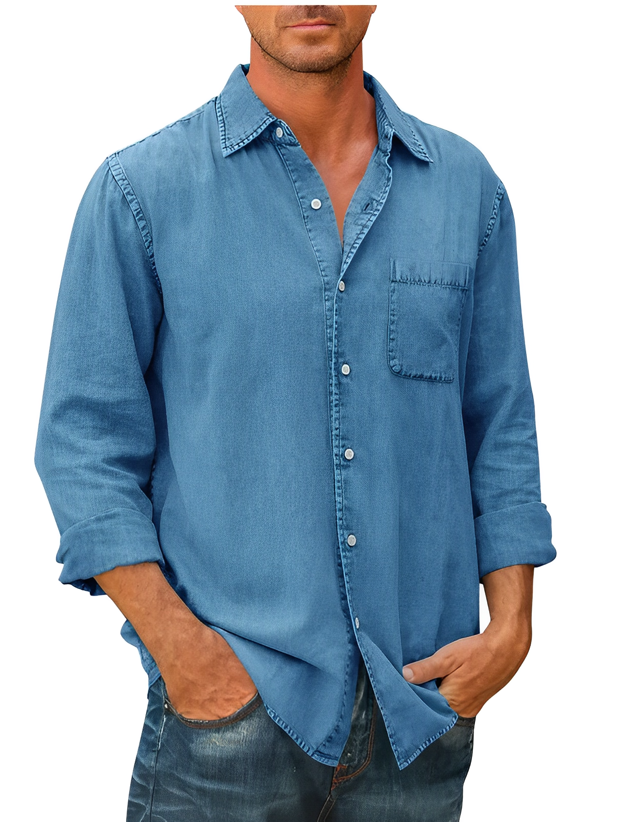 Denim Hemd | Kragen | Knopfleiste | Langarmhemd | Herrenbekleidung-Blau-S-Chaps Herrenmode