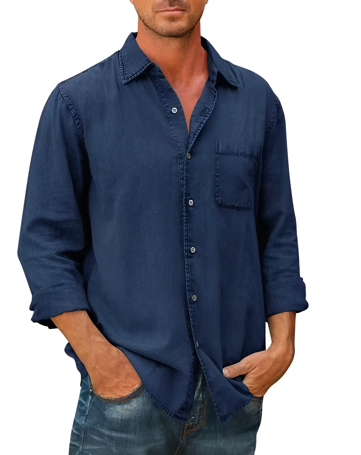 Denim Hemd | Kragen | Knopfleiste | Langarmhemd | Herrenbekleidung-Dunkelblau-S-Chaps Herrenmode